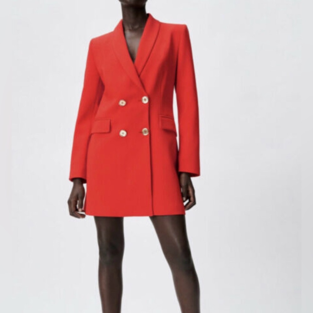 Zara Bright Red Double-Breasted Blazer with Gold Buttons